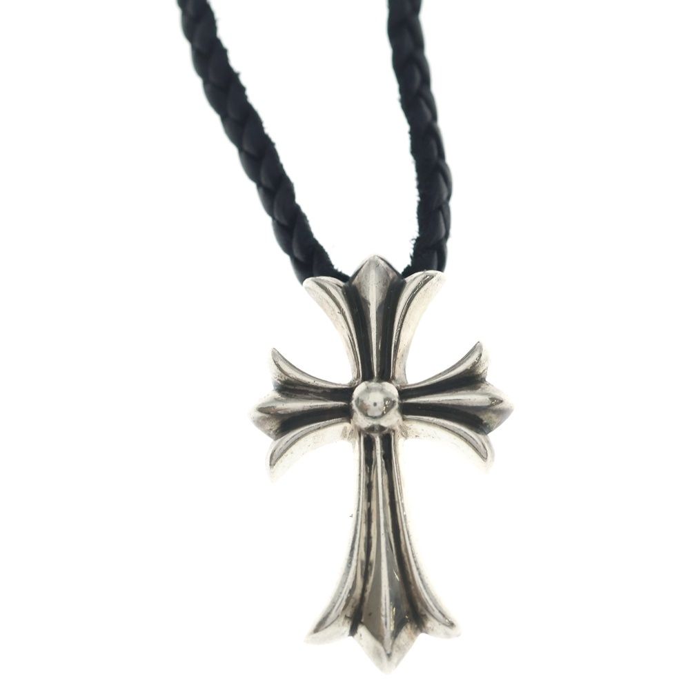 Chrome Hearts CH Crs Sml CL Small CH Cross Leather Braid Necklace Silver Black — view 3