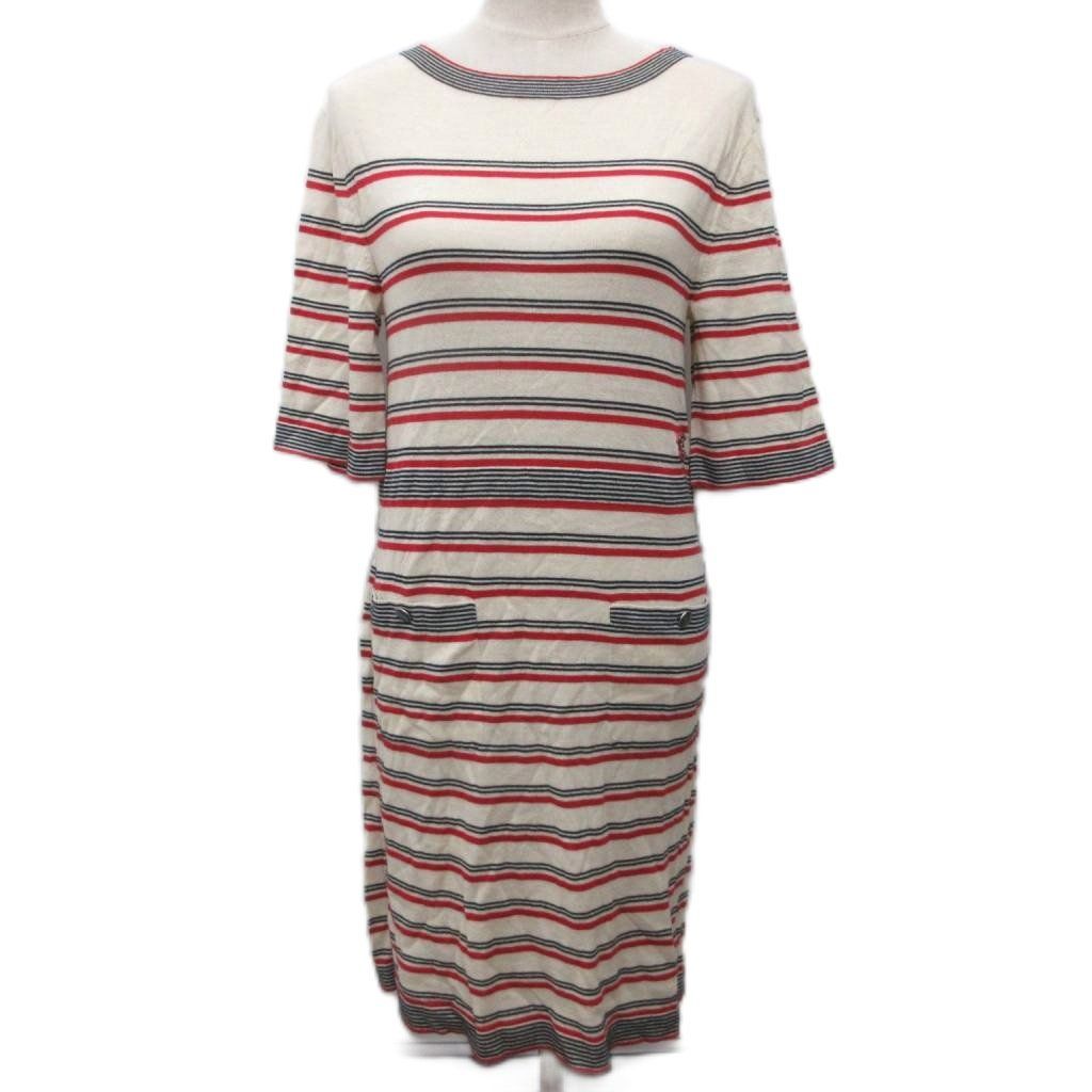 Chanel CC Logo Dress Calf Long Short Sleeve Border Button Embroidery Cashmere