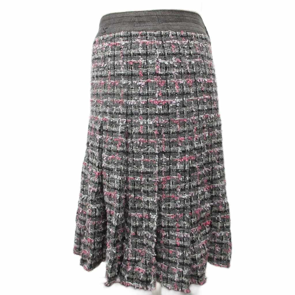 Chanel CC Logo Tweed Skirt Knee Length Silk 100% 36 Black Pink — view 3