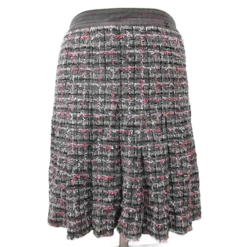 Chanel CC Logo Tweed Skirt Knee Length Silk 100% 36 Black Pink