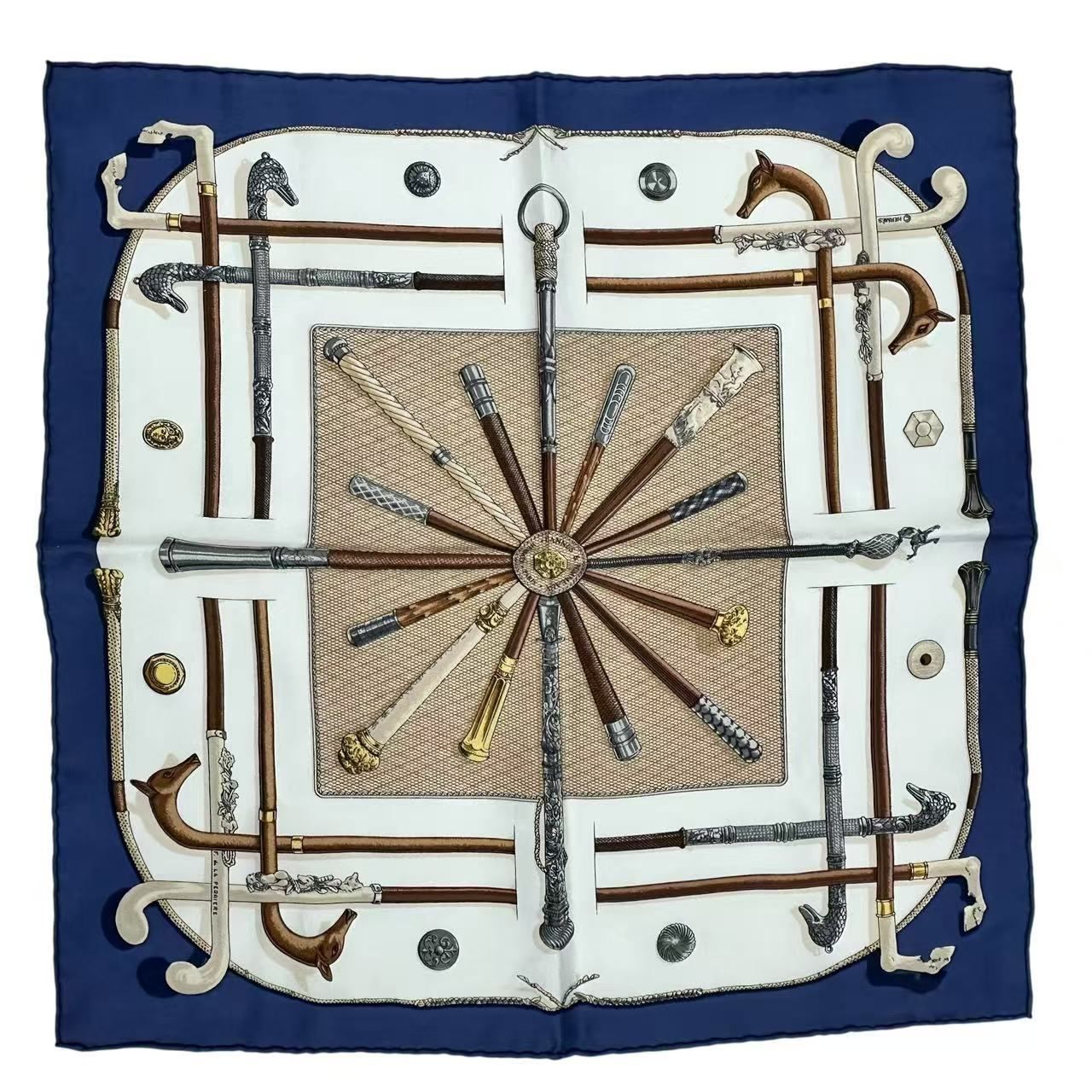 Hermes Silk Scarf Cannes&pommeaux Cane Pattern Navy