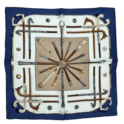 Hermes Silk Scarf Cannes&pommeaux Cane Pattern Navy