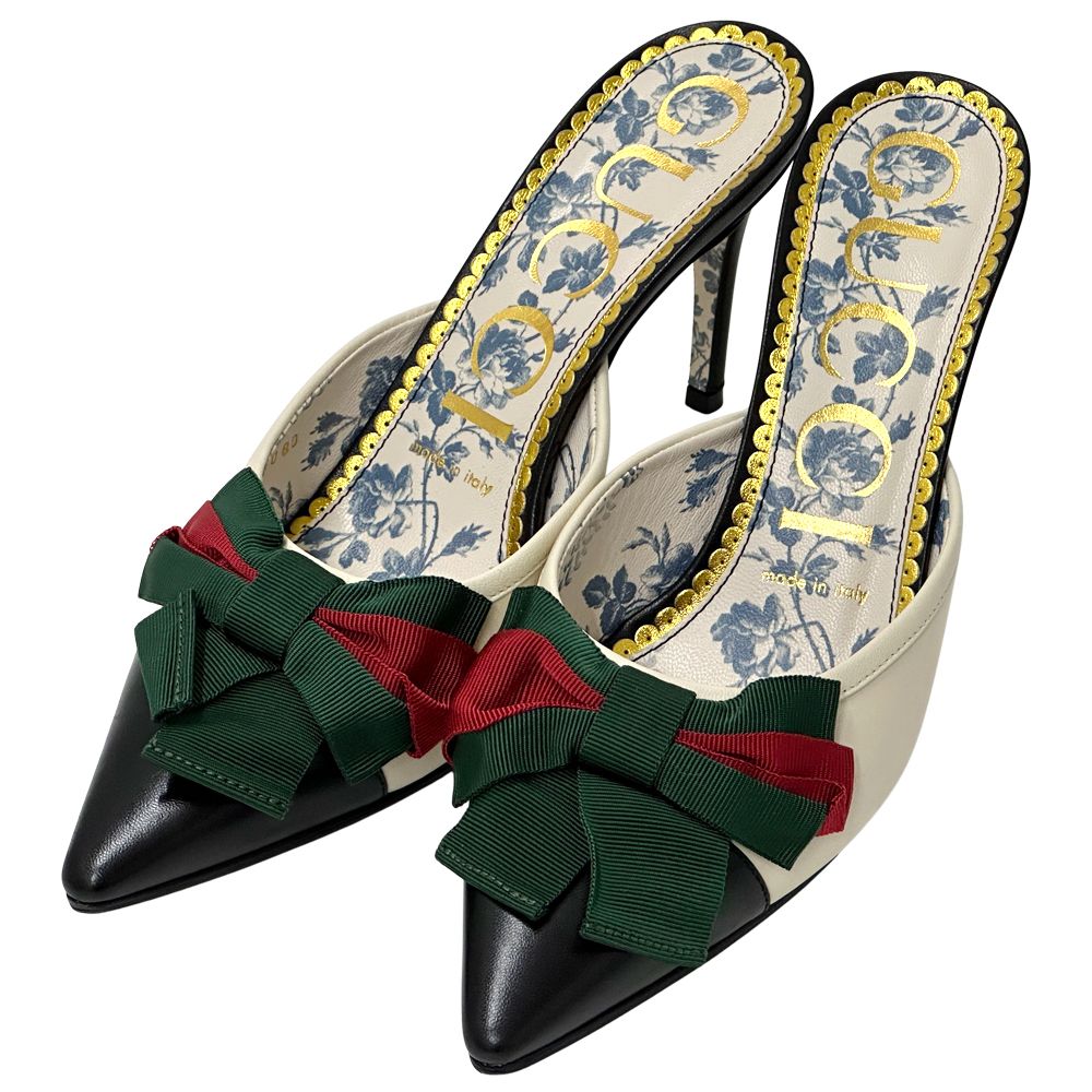 Gucci Mules Sherry Leather Bow Ivory Black 37 2 1 Heels Ribbon Bicolor