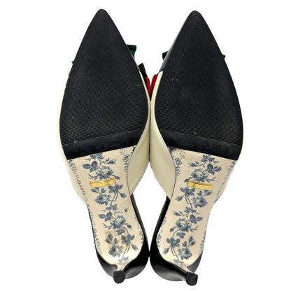 Gucci Mules Sherry Leather Bow Ivory Black 37 2 1 Heels Ribbon Bicolor — view 6