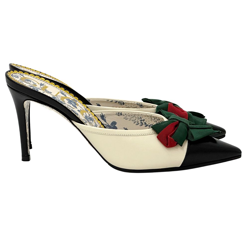 Gucci Mules Sherry Leather Bow Ivory Black 37 2 1 Heels Ribbon Bicolor — view 4