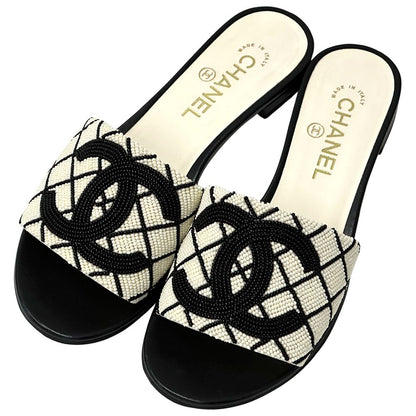 Chanel Sandals CC Logo Beads White Black 38 Summer