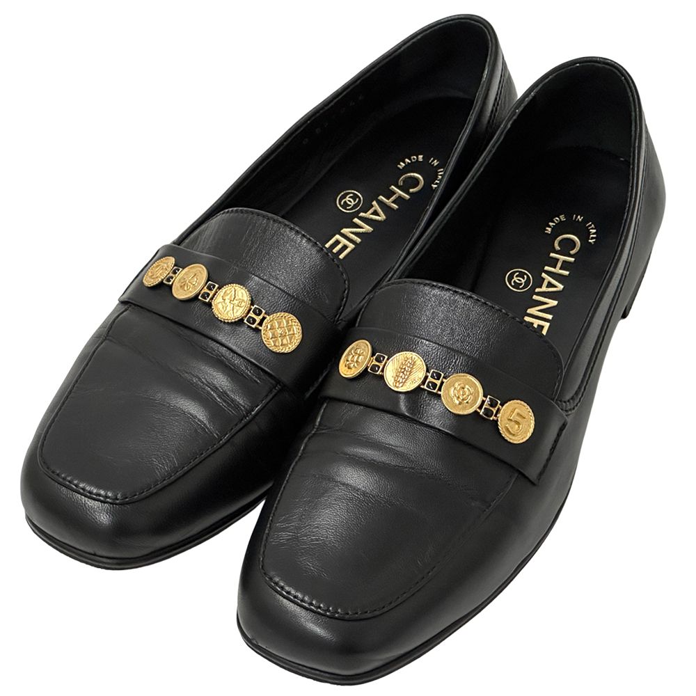 Chanel Leather Shoes Loafers Icon Black Gold