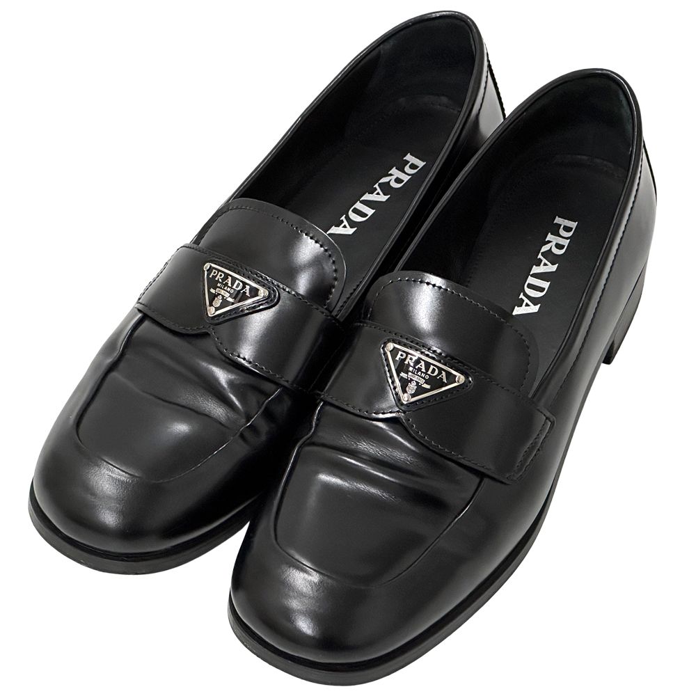 Prada Leather Shoes Triangle Logo Loafers Black 39 Simple