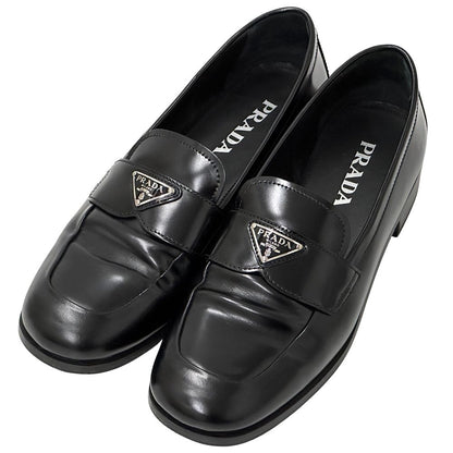 Prada Leather Shoes Triangle Logo Loafers Black 39 Simple