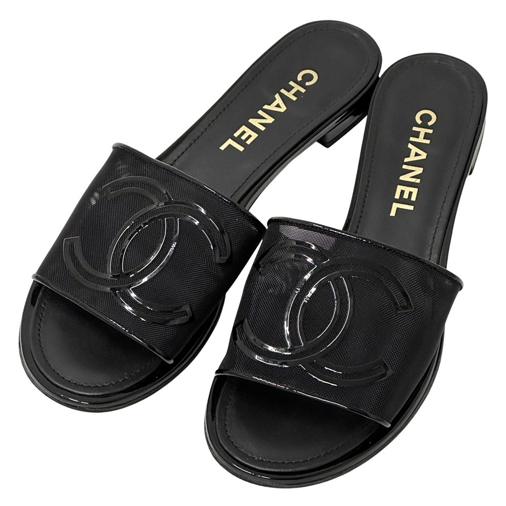Chanel Sandals CC Logo Mesh Black 39 Summer Simple