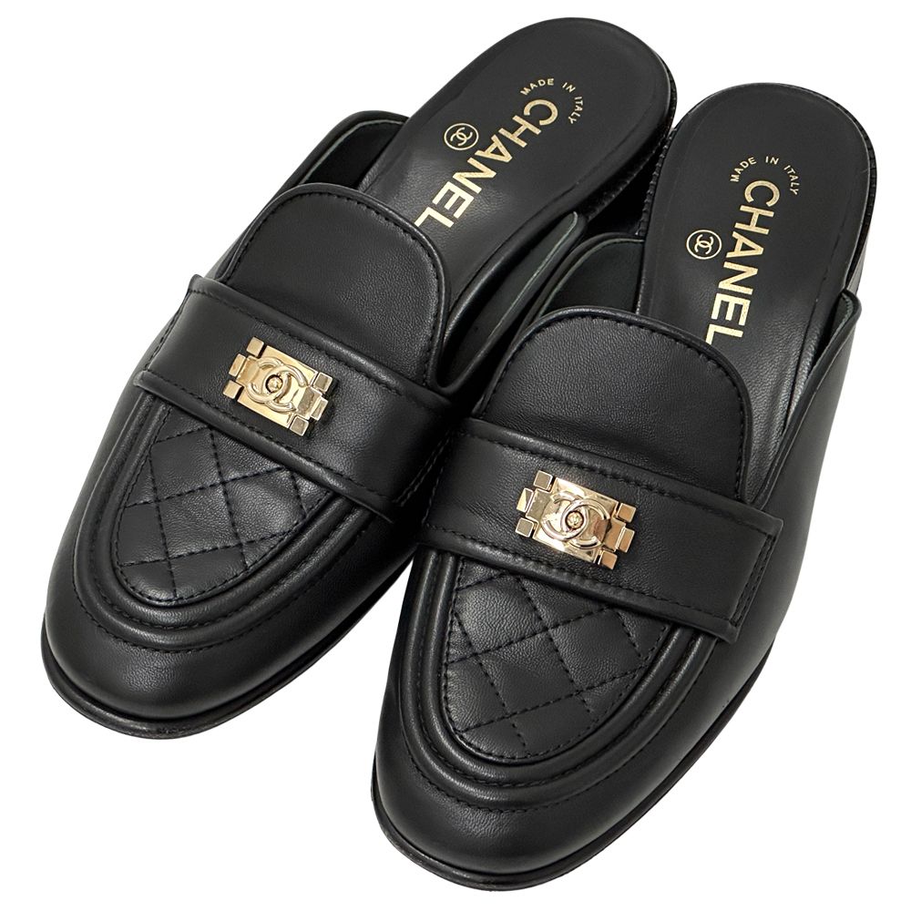 Chanel Mules Leather Black Gold 38 2 1 CC Logo