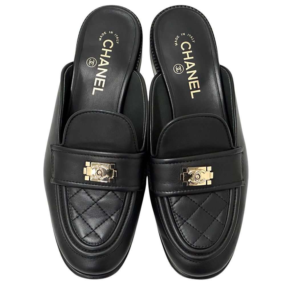 Chanel Mules Leather Black Gold 38 2 1 CC Logo — view 5