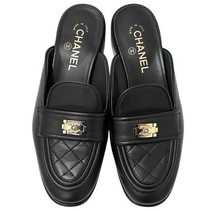 Chanel Mules Leather Black Gold 38 2 1 CC Logo — view 5