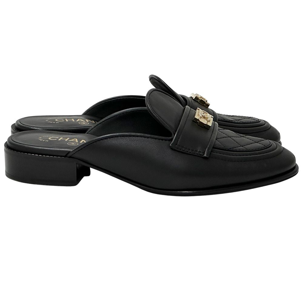 Chanel Mules Leather Black Gold 38 2 1 CC Logo — view 3