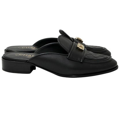 Chanel Mules Leather Black Gold 38 2 1 CC Logo — view 3