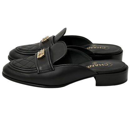 Chanel Mules Leather Black Gold 38 2 1 CC Logo — view 2