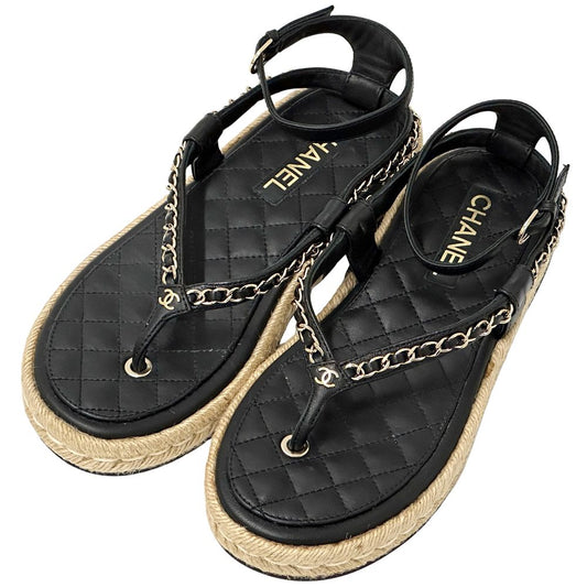 Chanel Sandals CC Logo Leather Thong Black Gold 39 Chain Summer Thick Sole