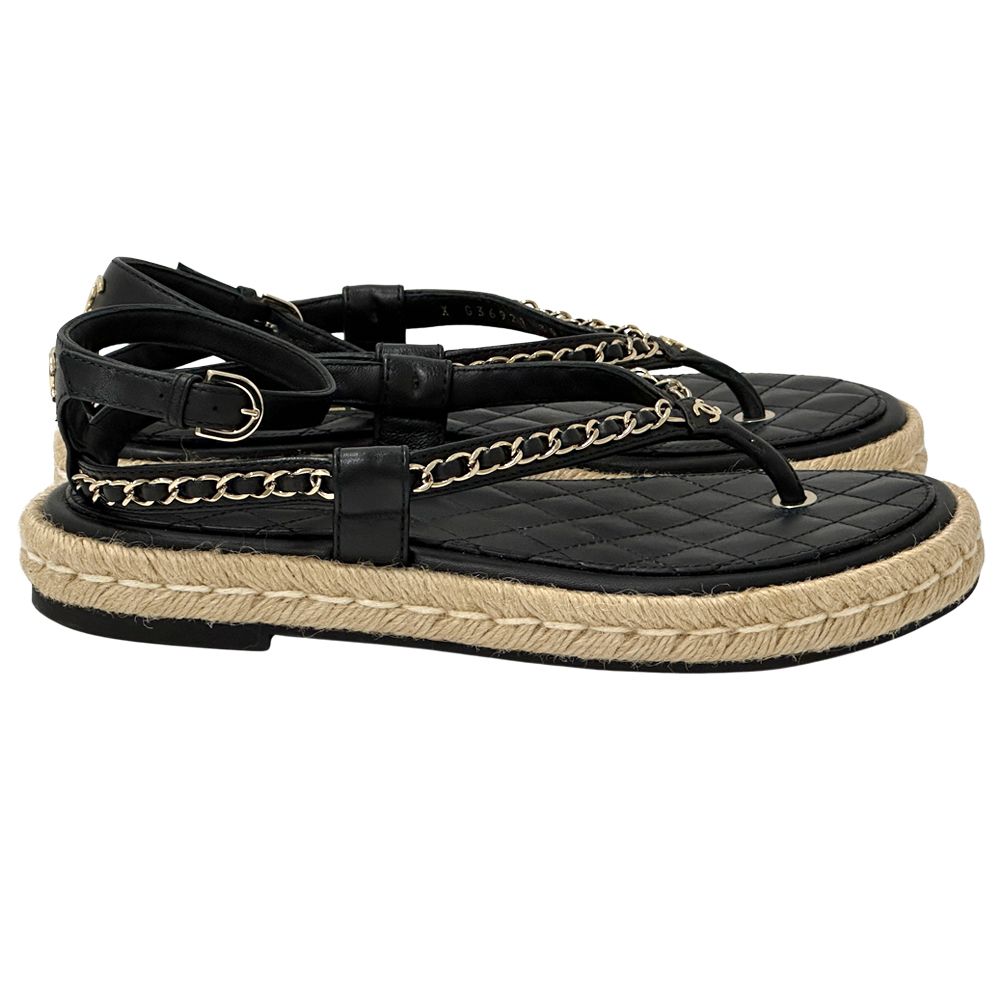 Chanel Sandals CC Logo Leather Thong Black Gold 39 Chain Summer Thick Sole — view 3