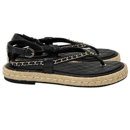 Chanel Sandals CC Logo Leather Thong Black Gold 39 Chain Summer Thick Sole — view 3