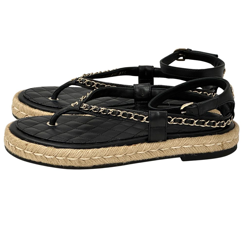 Chanel Sandals CC Logo Leather Thong Black Gold 39 Chain Summer Thick Sole — view 2