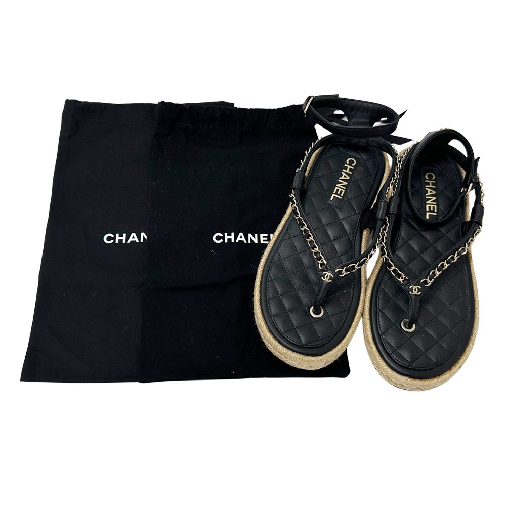 Chanel Sandals CC Logo Leather Thong Black Gold 39 Chain Summer Thick Sole — view 9