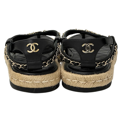 Chanel Sandals CC Logo Leather Thong Black Gold 39 Chain Summer Thick Sole — view 4