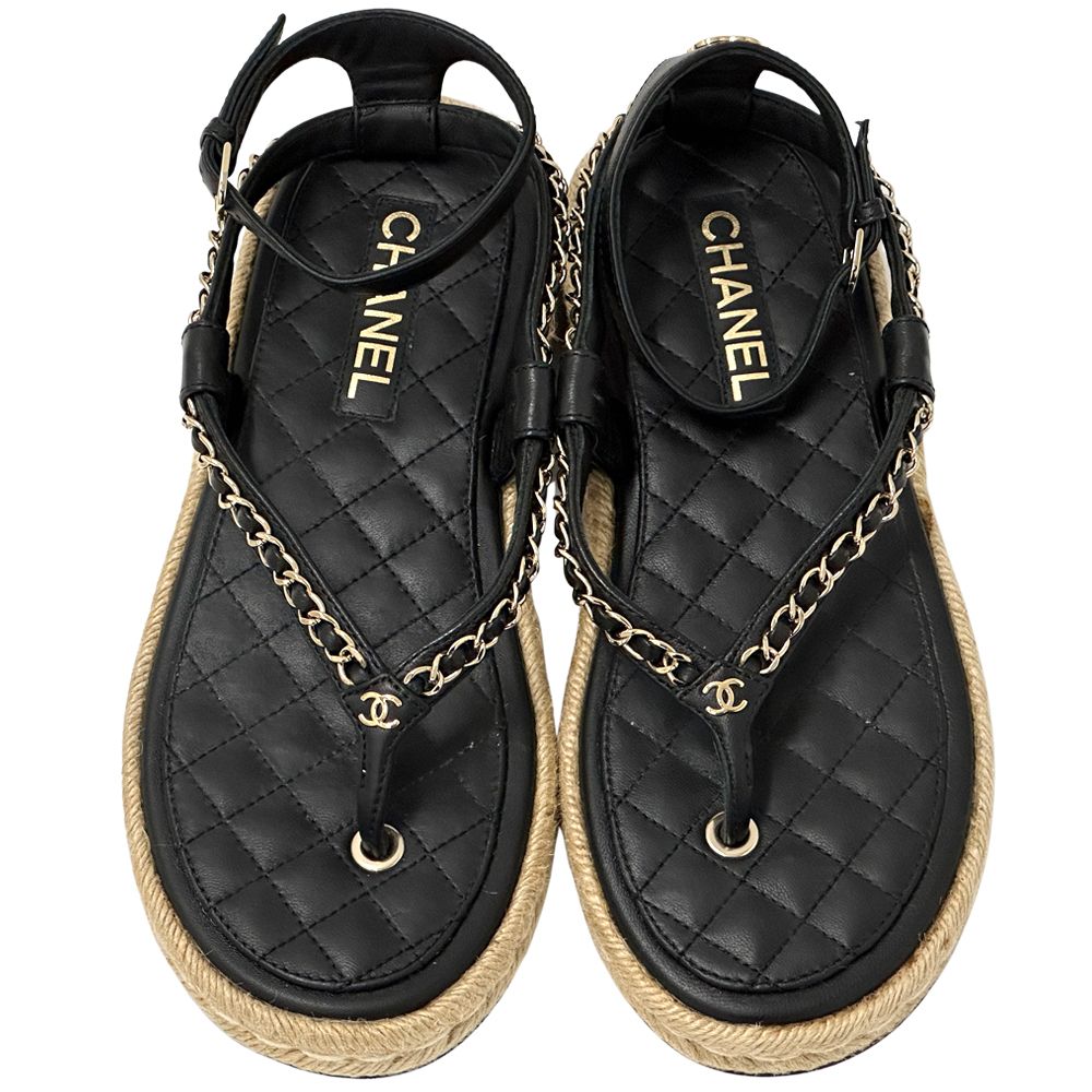 Chanel Sandals CC Logo Leather Thong Black Gold 39 Chain Summer Thick Sole — view 5