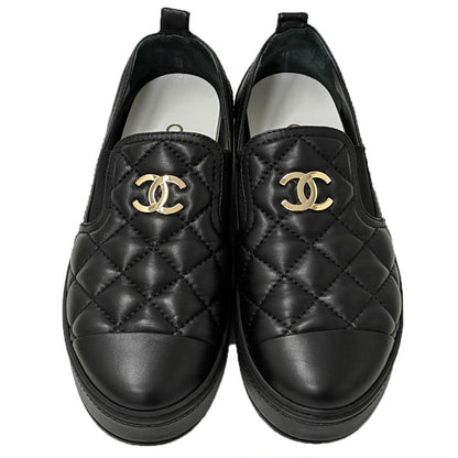 Chanel Shoes Quilted Leather Slip on Black Gold 39 Sneakers Thick Sole — view 5