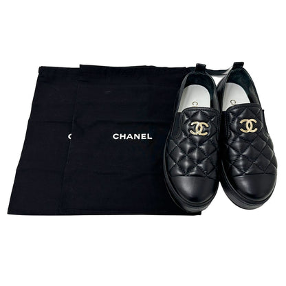 Chanel Shoes Quilted Leather Slip on Black Gold 39 Sneakers Thick Sole — view 9