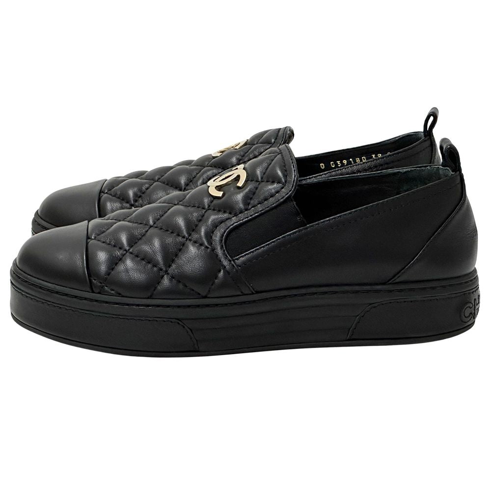 Chanel Shoes Quilted Leather Slip on Black Gold 39 Sneakers Thick Sole — view 2