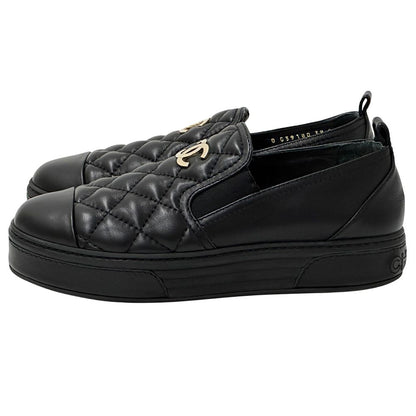 Chanel Shoes Quilted Leather Slip on Black Gold 39 Sneakers Thick Sole — view 2