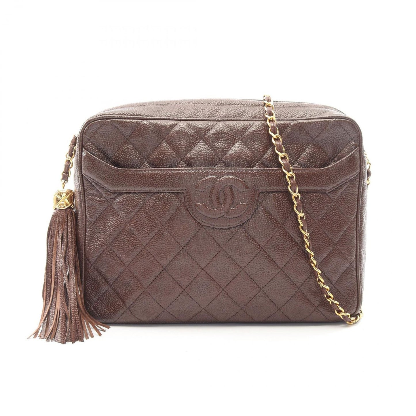 Chanel Shoulder Bag Quilted Brown Caviar Leather Fringe Chain
