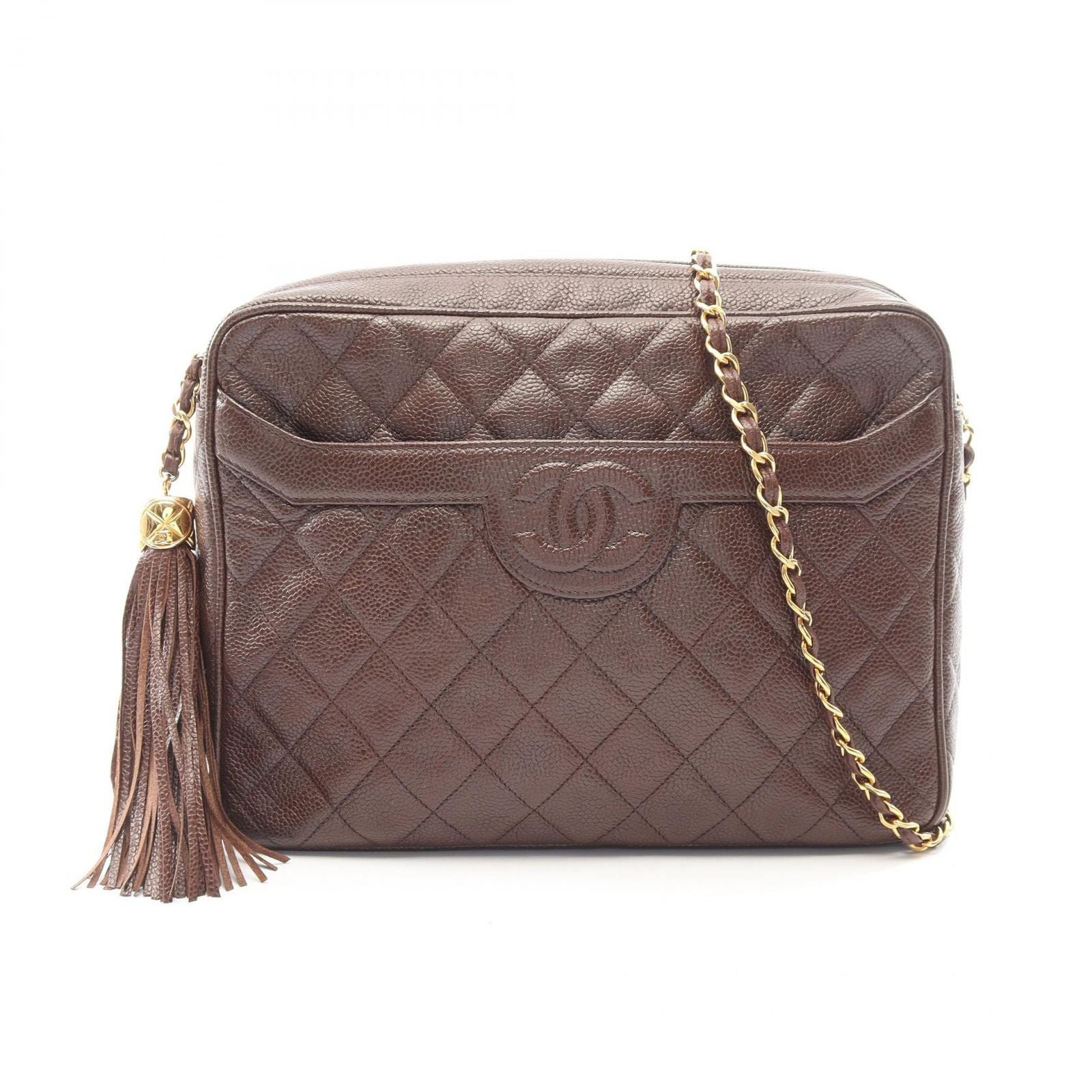 Chanel Shoulder Bag Quilted Brown Caviar Leather Fringe Chain