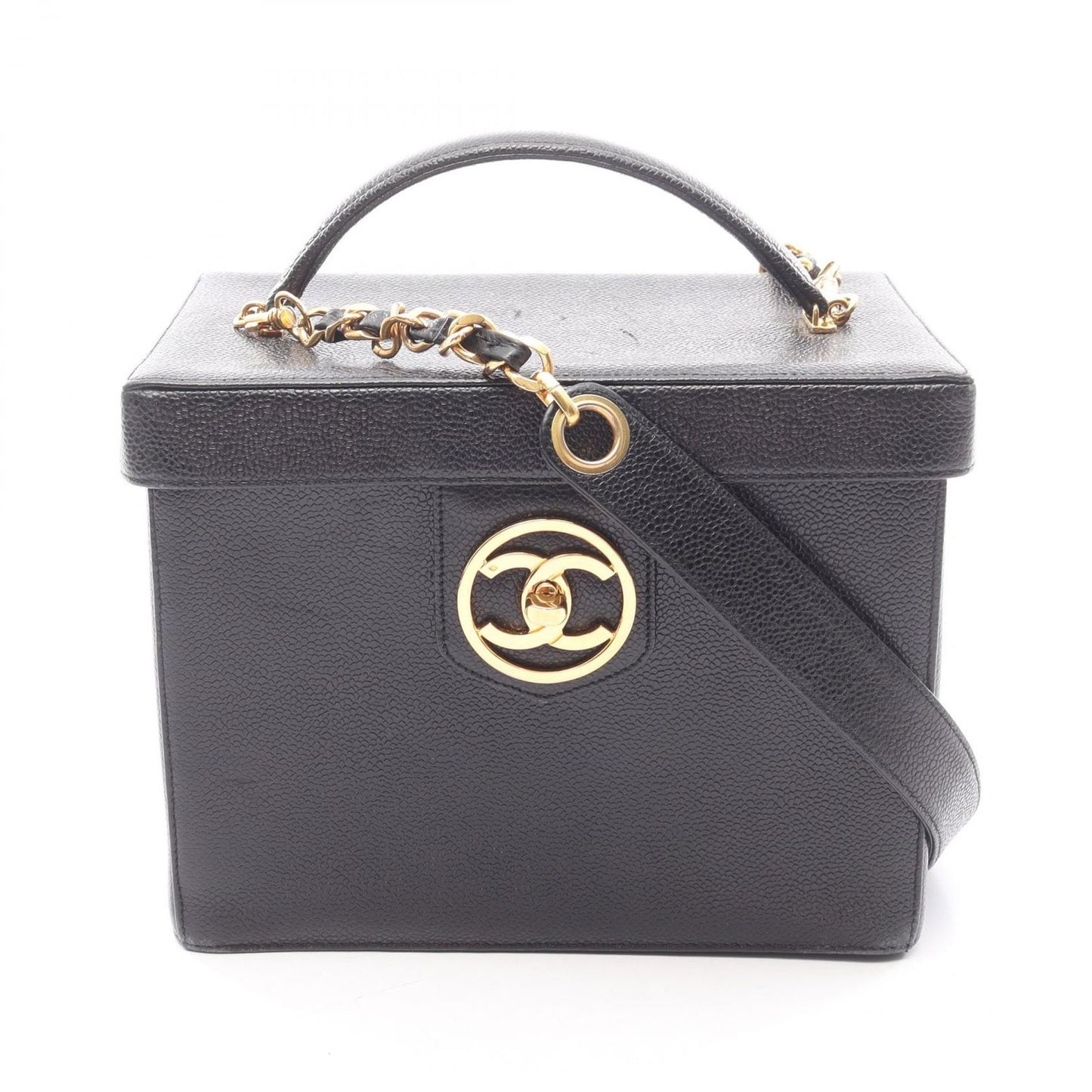 Chanel Handbag CC Logo 2-Way Black Caviar Leather Vanity Chain