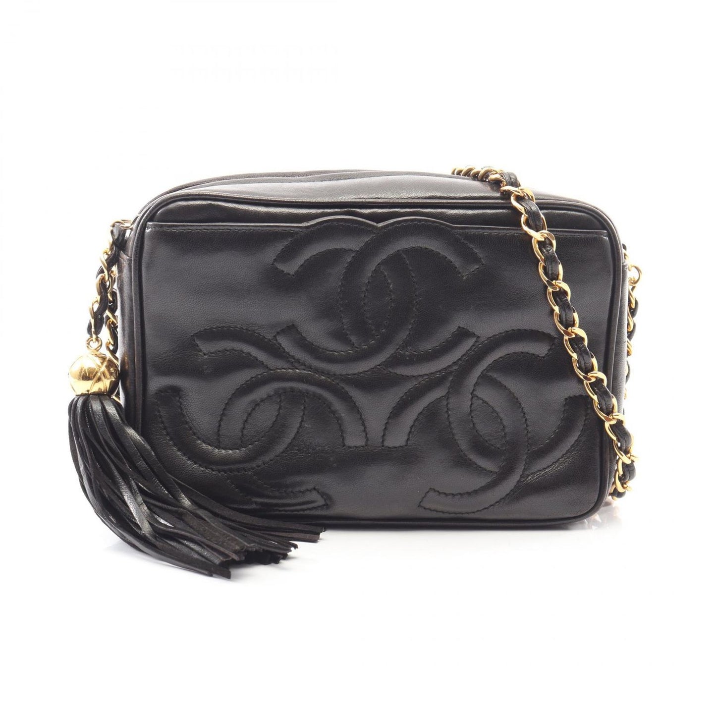 Chanel Shoulder Bag Triple CC Logo Tassel Black Lambskin Coco Fringe Mini Chain