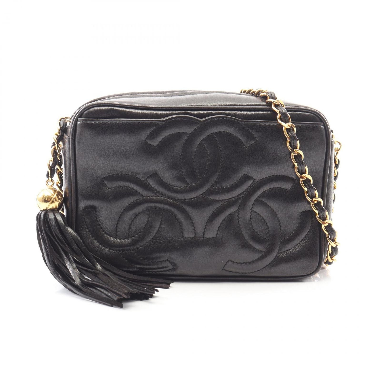 Chanel Shoulder Bag Triple CC Logo Tassel Black Lambskin Coco Fringe Mini Chain