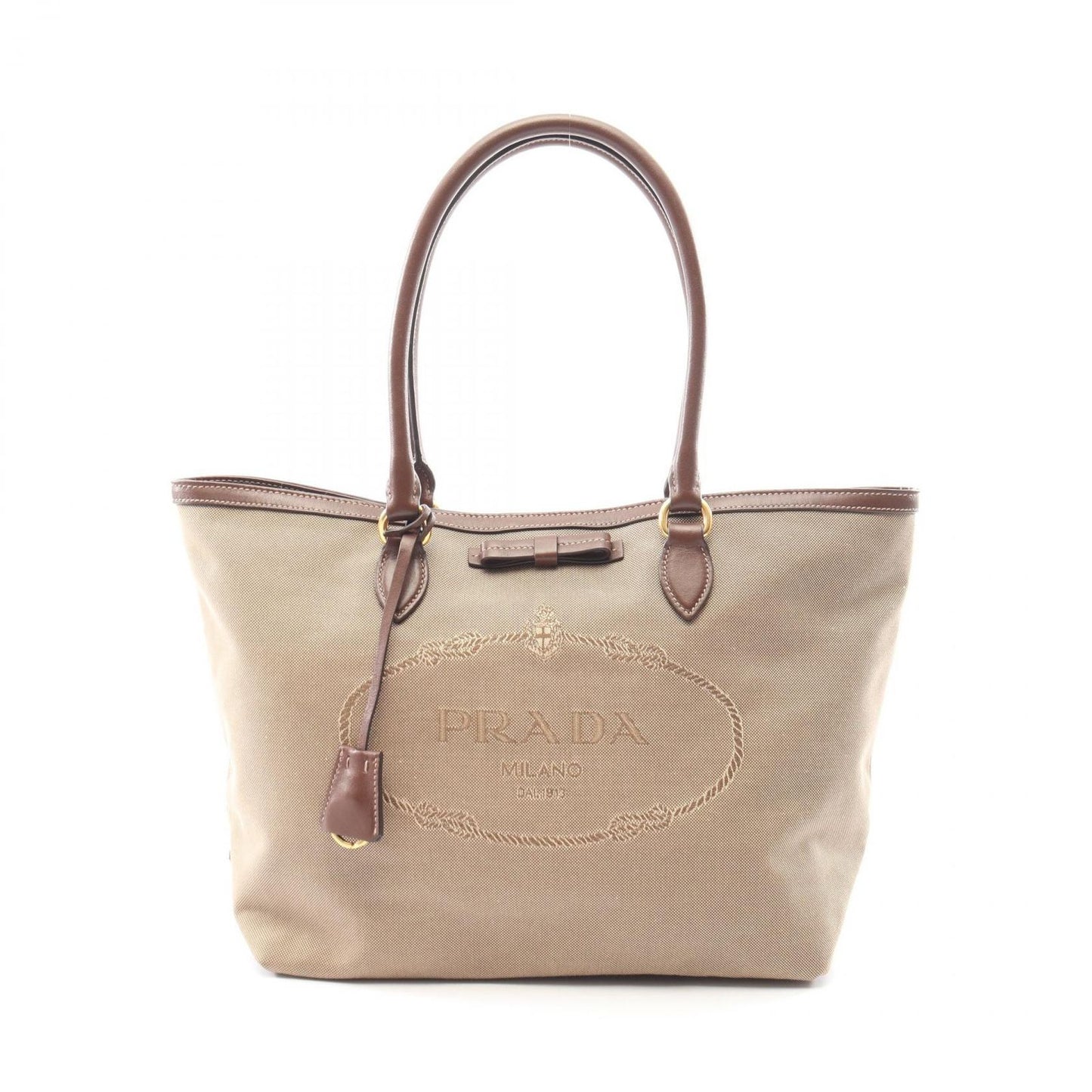 Prada Tote Logo Jacquard Beige Brown Canvas Leather