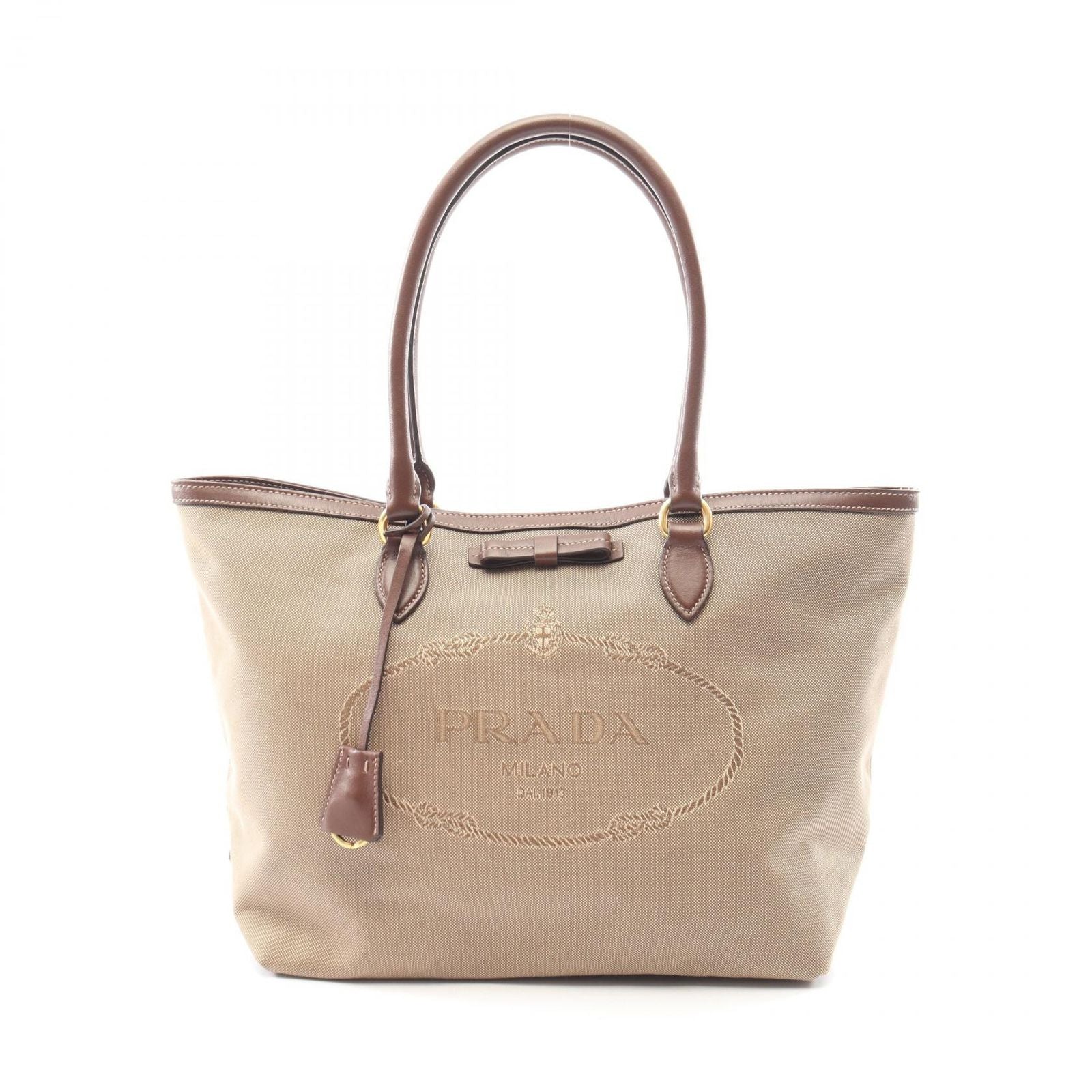 Prada Tote Logo Jacquard Beige Brown Canvas Leather