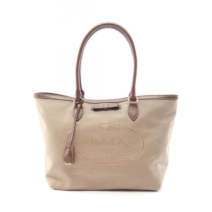 Prada Tote Logo Jacquard Beige Brown Canvas Leather