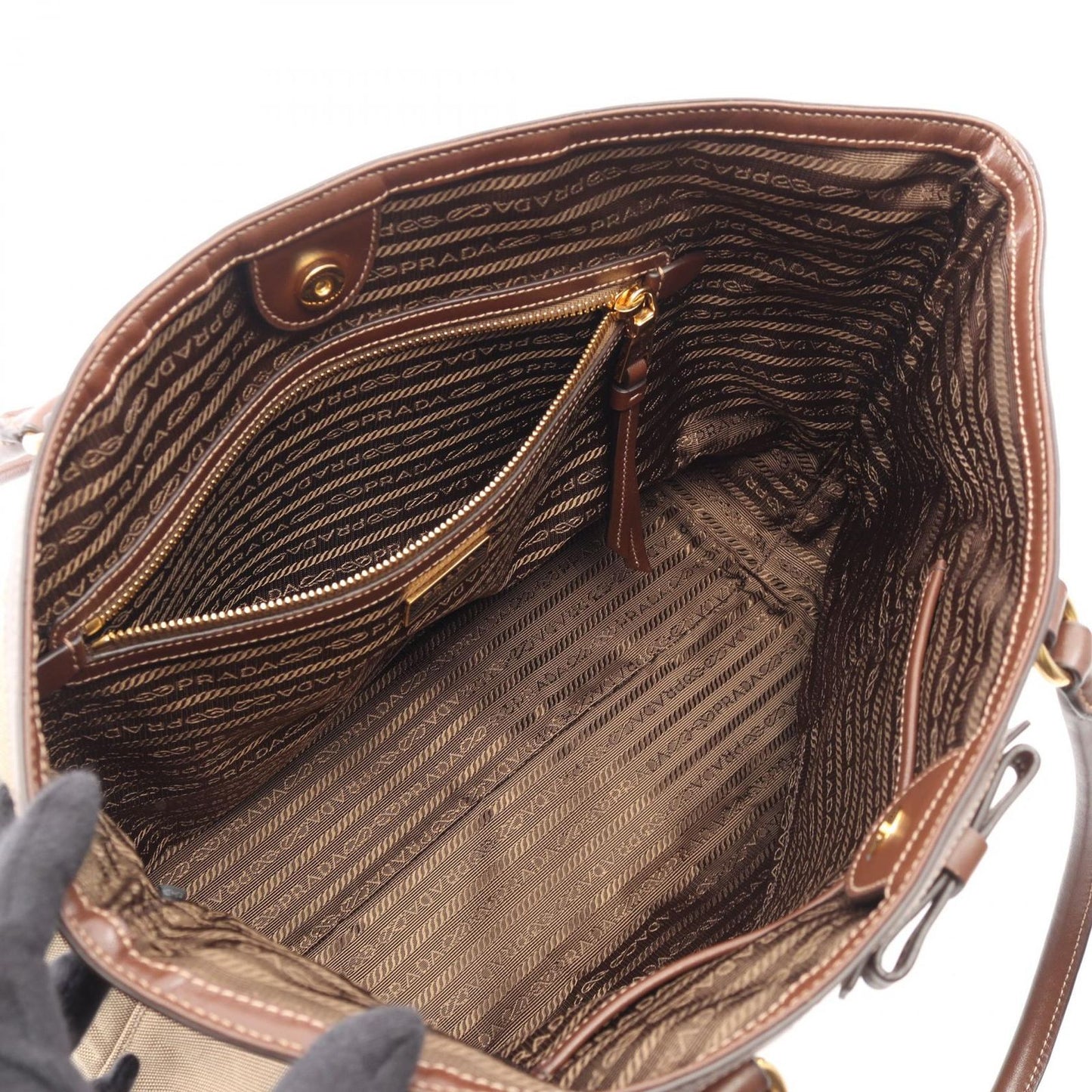 Prada Tote Logo Jacquard Beige Brown Canvas Leather — view 3