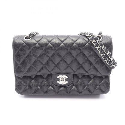 Chanel Shoulder Bag Quilted Double Flap Black Caviar Leather Chain
