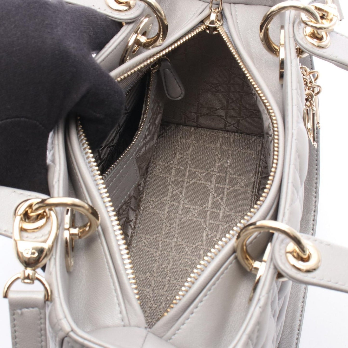 Dior Handbag Lady Dior Cannage 2-Way Gray Leather Tote — view 3