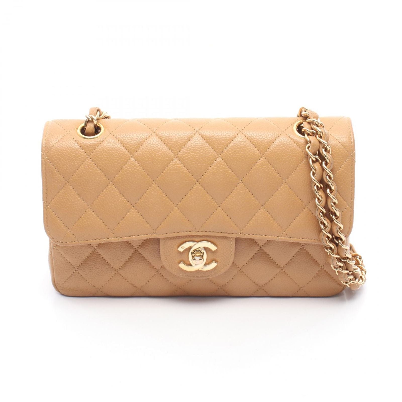 Chanel Shoulder Bag Quilted Double Flap Beige Caviar Leather Chain