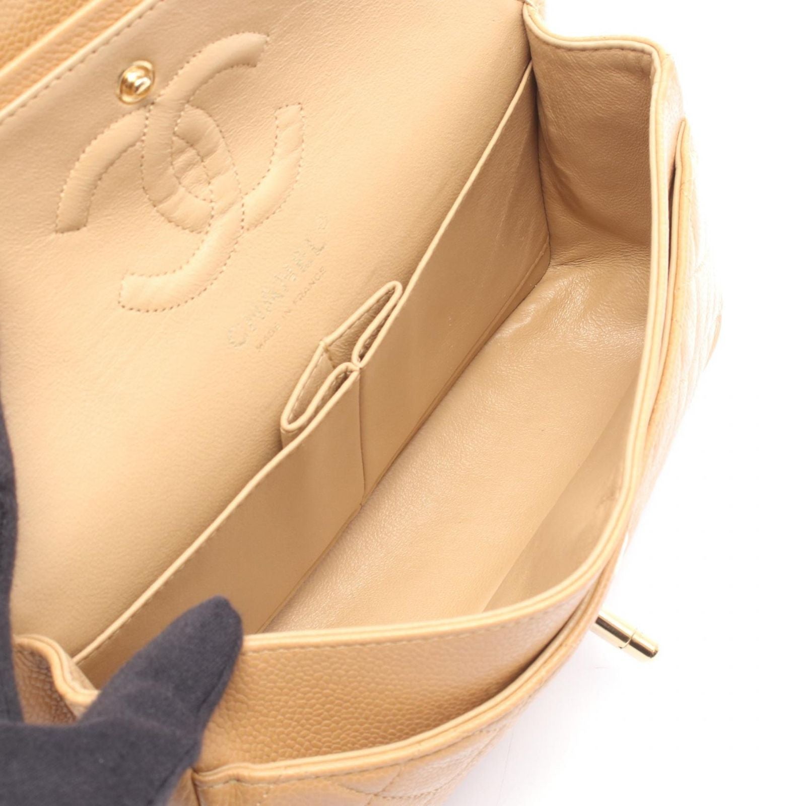 Chanel Shoulder Bag Quilted Double Flap Beige Caviar Leather Chain — view 3