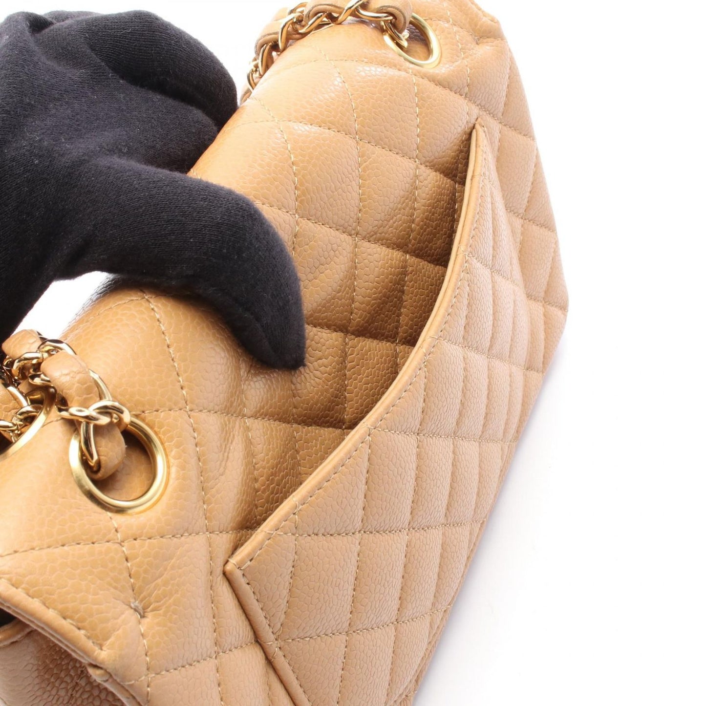 Chanel Shoulder Bag Quilted Double Flap Beige Caviar Leather Chain — view 6