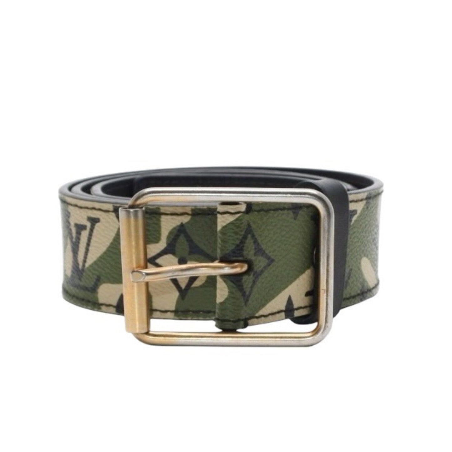 Louis Vuitton LV TM Ceinture Belt Leather Monogram Moflage Khaki Beige Black