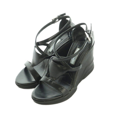 Prada Sandals Strap Wedge Sole Leather 35.5 Black