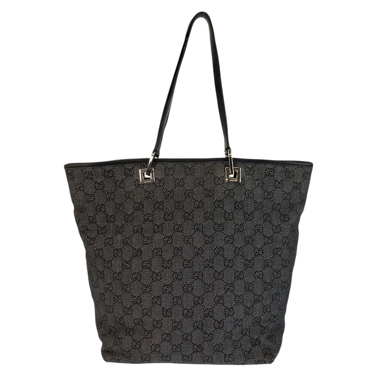 Gucci Black Silver GG Canvas Leather Tote Shoulder Bag