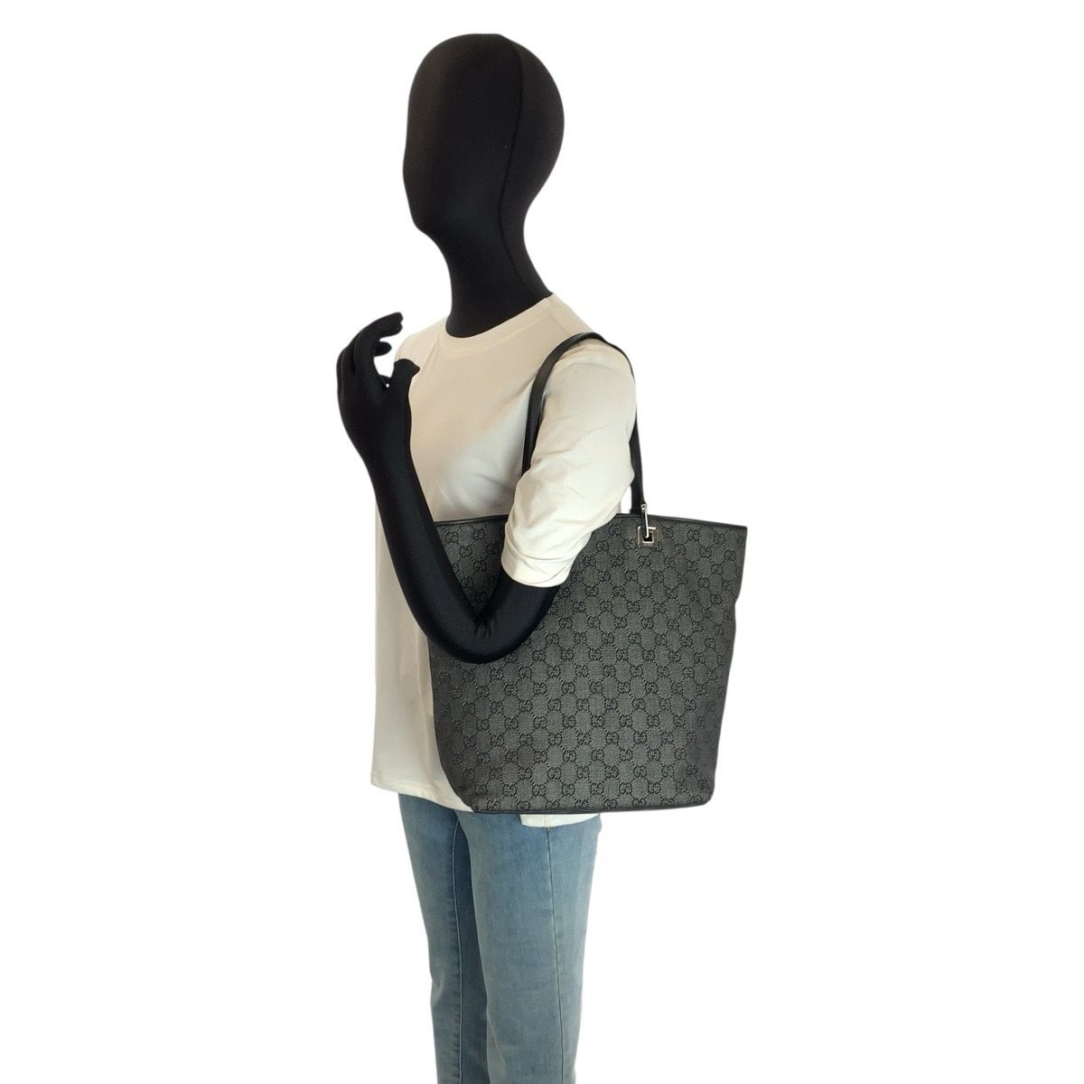 Gucci Black Silver GG Canvas Leather Tote Shoulder Bag — view 6