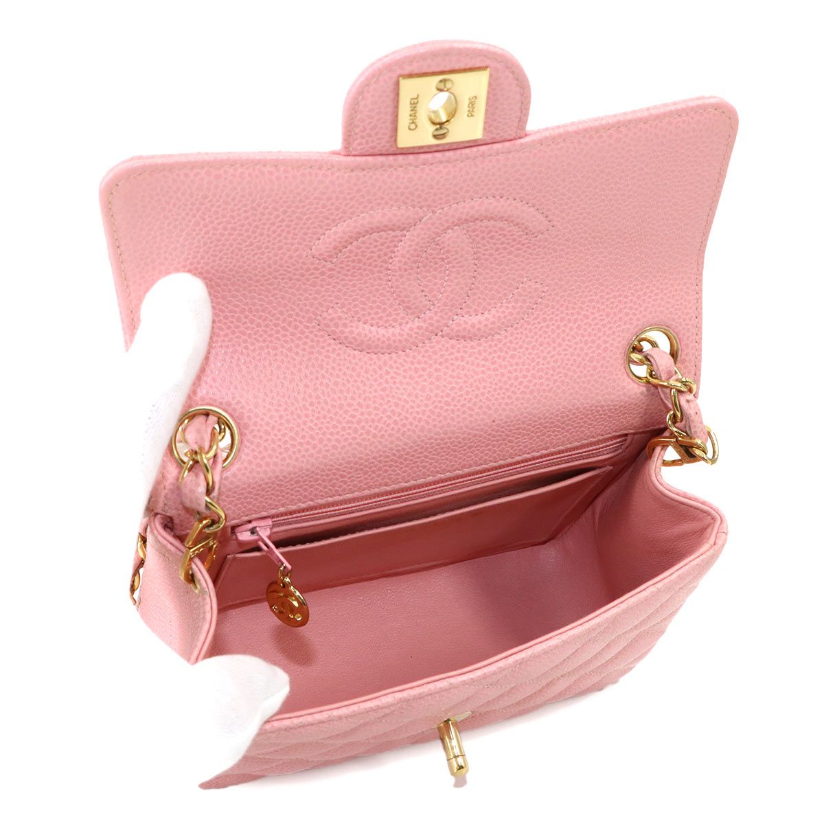 Chanel Mini Quilted Chain Shoulder Bag Caviar Leather Pink Gold — view 7